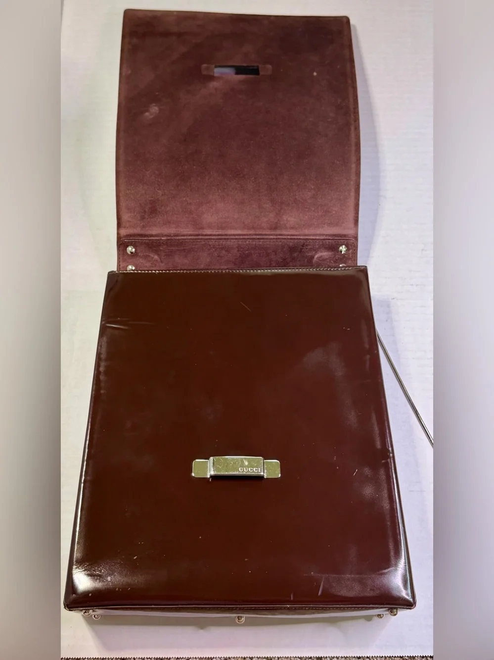Vintage Gucci Tom Ford Brown Patent Leather T-Lock Shoulder Bag Y2K Italy